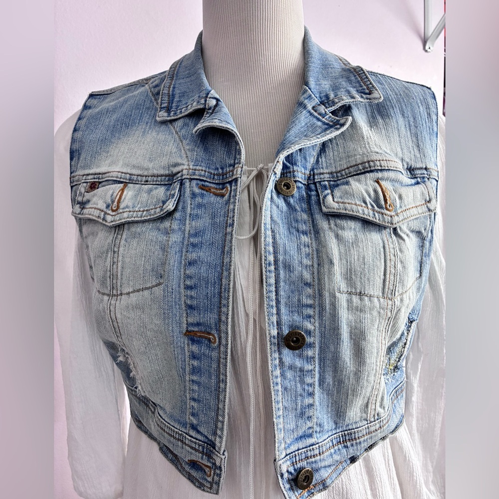Women’s Distressed Cropped Denim Vest, L,  Blue, Upcycled/Sustainable Fashion - Picture 2 of 9